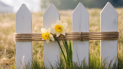 Charming Spring Scene of Daffodils on a White Picket Fence Wrapped with Twine in a Meadow