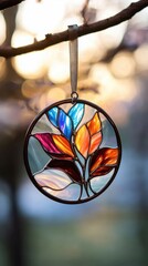 Colorful stained glass ornament with leaf design hanging from branch at sunset