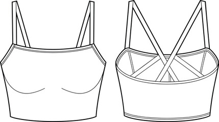 Vector illustration of women’s sports bra top, front and back view, strappy design, activewear fashion template, fitness crop top technical flat drawing