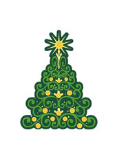 Decorated Christmas tree in graphic style with a star at the top