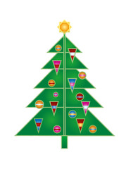 Decorated Christmas tree in graphic style with a star at the top