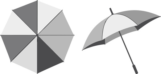 Vector umbrella illustration, open and angled view, black and white parasol design, rain protection accessory, simple shading, isolated graphic template drawing © Creatives Mind