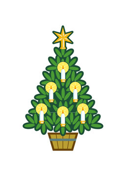 Decorated Christmas tree in graphic style with candles and a star at the top
