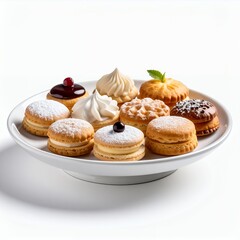 Exquisite plate showcasing an assortment of delectable miniature pastries and cakes on white background