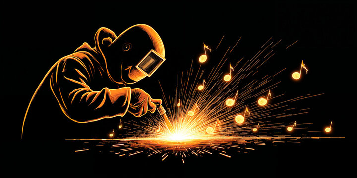 Welder creating sparks while listening to music in dark setting  