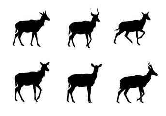 Set of black nilgai silhouettes on white background, each in unique pose including walking, grazing, leaping, standing tall, reclining, and twisting sideways minimalist design