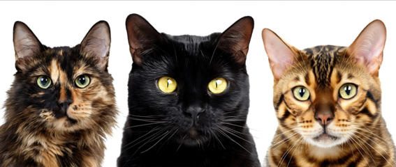 Realistic photograph of three cats one black cat with yellow eyes and brown fur another calico cat and a third Bengal cat all isolated on a white background P