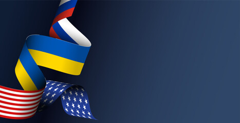 Ukraine UA Russia USA united States American ribbon flag background, web, banner, wallpaper for text. negotiations, war, invasion, sanctions partnership template presentations, conferences