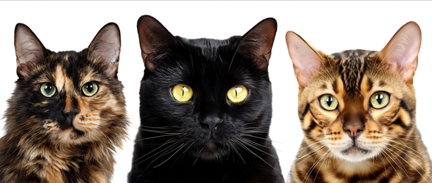 Realistic photograph of three cats one black cat with yellow eyes and brown fur another calico cat and a third Bengal cat all isolated on a white background P