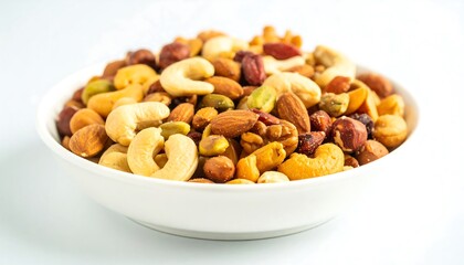 A white bowl filled with a variety of mixed nuts including cashews almonds and pistachios on a white background.