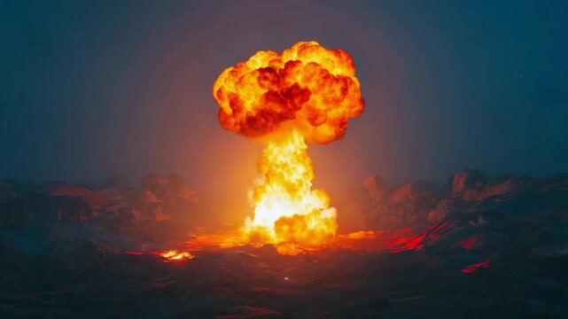 Atomic bomb exploding over deserted volcanic landscape
