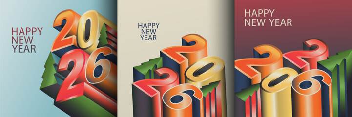 Number 2026 Happy New Year square 3d design banner, background, poster, card, design. Simple Template Happy New Year cover, labels isolated on colorful wallpaper