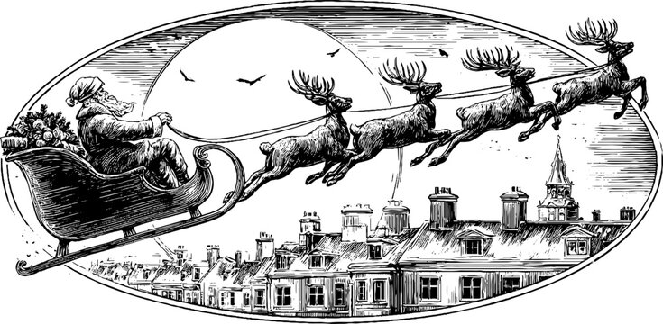 Vintage christmas scene with santa and reindeer sleigh over rooftops for holiday card design