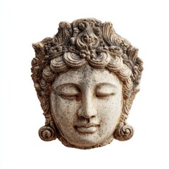 Fototapeta premium A close-up shot of an antique stone sculpture of a serene face with closed eyes and an ornate headdress. The details of the carving are highlighted