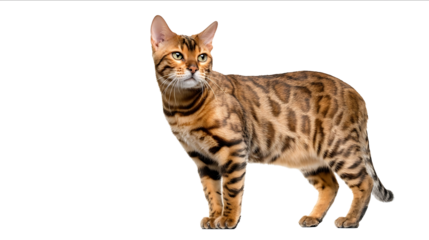 Bengal cat isolated on a white background full body in a photo studio with copy space concept