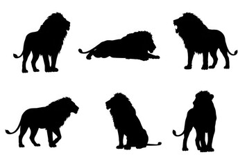 Naklejka premium Set of black lion silhouettes on white background, each in unique pose including standing upright with mane, reclining, roaring, prowling, sitting upright, and twisting head backward minimalist design