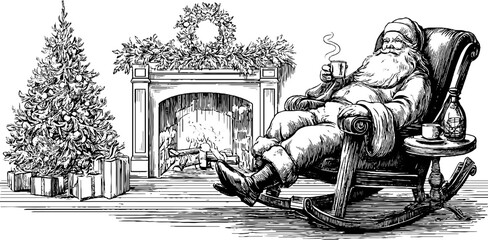 Christmas scene: santa relaxing by the fireplace with hot drink for holiday design