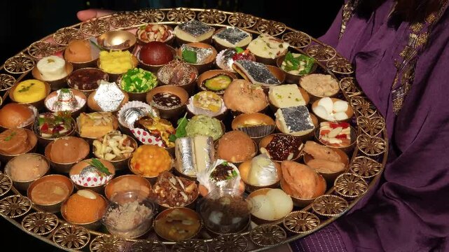 Traditional 56 Bhog Plate with Variety of Indian Food Offerings
