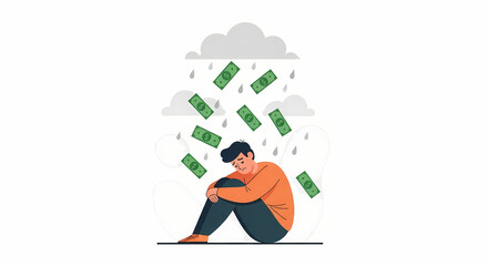 Obraz premium Sad Man Sitting Under Money Rain Illustration, Financial Stress, Debt Crisis and Economic Anxiety Concept 