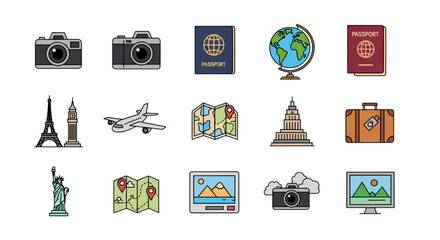 Collection of travel icons featuring landmarks and equipment