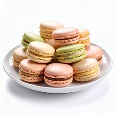 Obraz premium Assorted pastel macarons stacked gracefully on a white plate, a delightful confectionery display on white background