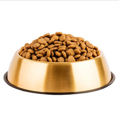 Dog food in a golden bowl isolated on a white background side view