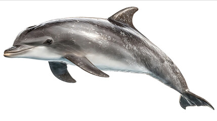 Fototapeta premium Beautiful realistic fullbody dolphin jumping out of the water against a white background A hyperrealistic photograph with high detail and focus on the eyes De