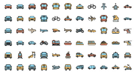 Collection of various transportation vehicles in cartoon style
