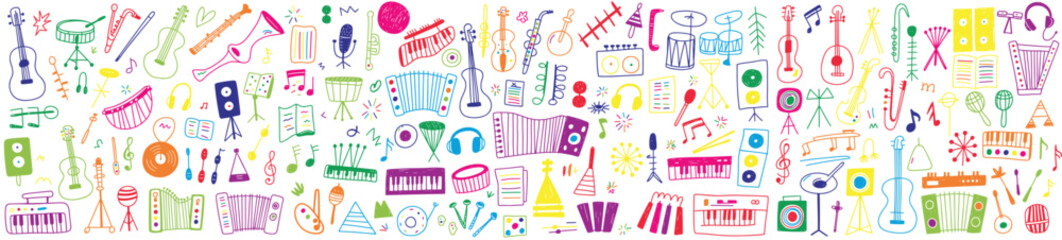 Vibrant multicolor doodle collage showcasing an eclectic mix of instruments, furniture, tools and whimsical icons forming a dense decorative border pattern across dark backdrop
