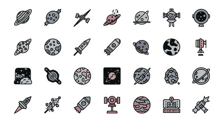 Collection of twenty four space themed icons in cartoon style