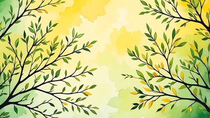Abstract watercolor style art combination of art yellow and green themed background. Tree branches textured art with sense of colors