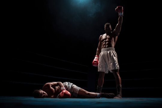 A victorious boxer stands above his fallen opponent raising a gloved hand The scene is set in a dimly lit boxing ring
