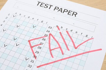 Answer sheet with word Fail on table, closeup. Student passing exam
