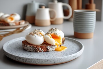 A healthy and comforting plate of soft-boiled eggs on crispy sourdough, perfect for a protein-rich, recovery breakfast, with the eggs oozing golden yolk, served in a calming, minimalistic kitchen