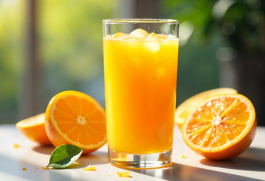 Fresh orange juice glass and orange slices , lemon slices