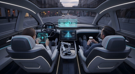 Futuristic Self-Driving Car Interior: Passengers Enjoying Autonomous Ride in Smart Vehicle