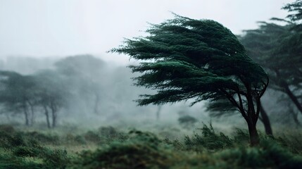 Powerful tropical storm bending trees with intense wind gusts