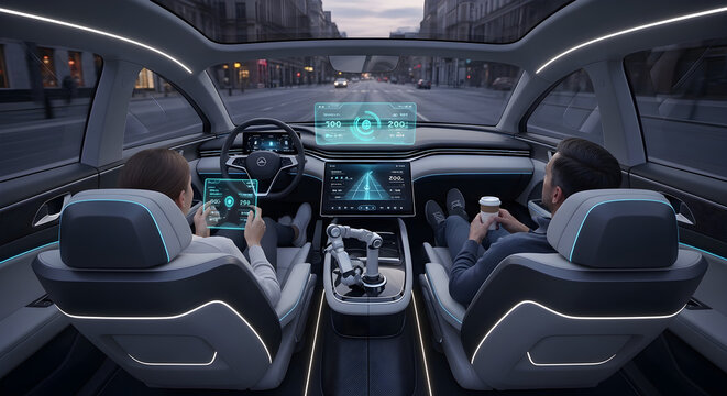 Futuristic Self-Driving Car Interior: Passengers Enjoying Autonomous Ride in Smart Vehicle