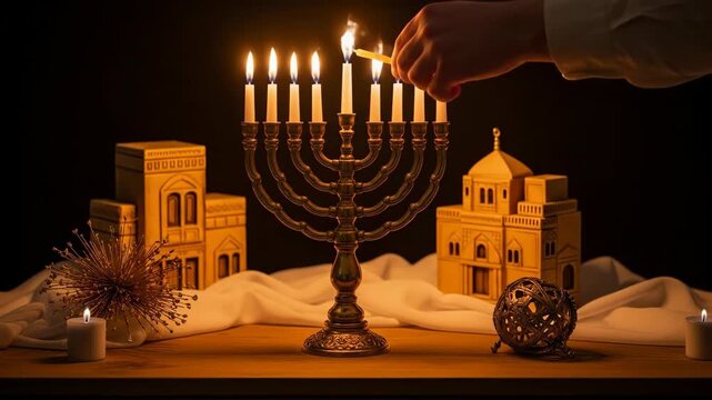 A person's hand uses a match to light the candles on a beautiful brass menorah during the Jewish festival of Hanukkah with other religious decorations in the background