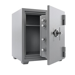 Fototapeta premium Open strongbox with knob and shelves for protecting valuable assets isolated on transparent field