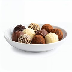 Variety of artisan chocolate truffles arranged elegantly on a white ceramic plate on white background