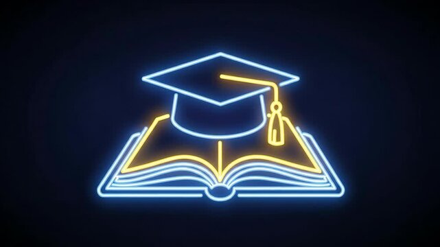 A glowing blue and yellow neon light sign in the shape of a graduation cap with a tassel sitting on top of an open book against a dark background