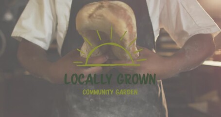 Animation of locally grown text over african american man holding fresh bread - Powered by Adobe