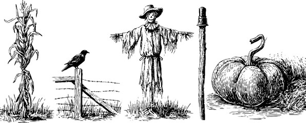 Haunted field props for halloween design: scarecrow, cornstalk, pumpkin, and raven silhouettes