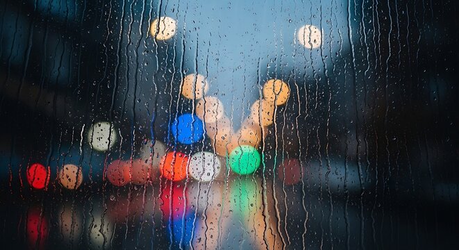 Raindrops on a window with blurred city lights at night create a vibrant scene - Powered by Adobe