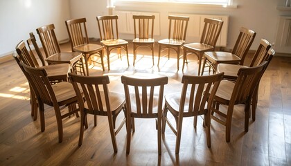 Wooden Chairs Arranged in a Circle in a Sunny Room