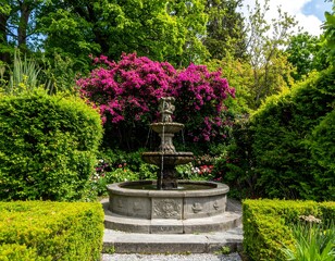 Obraz premium A formal garden with a fountain. Lush greenery, colorful flowers, and a central fountain
