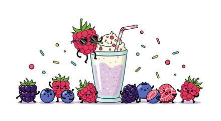 Berry Smoothie Fun: Charming Illustration of Delightful Raspberry Cartoon