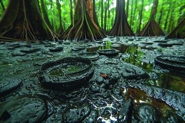 Mysterious mangrove forest showing dark water and intricate tree roots under lush green canopy during a cloudy day