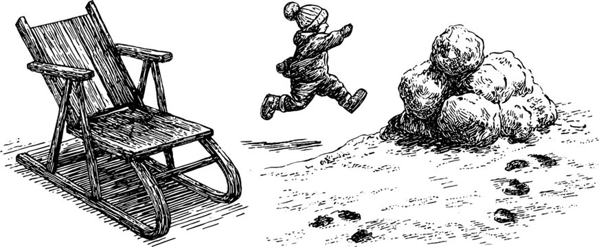 Winter sledding fun with wooden sledge and snow play silhouette for holiday design